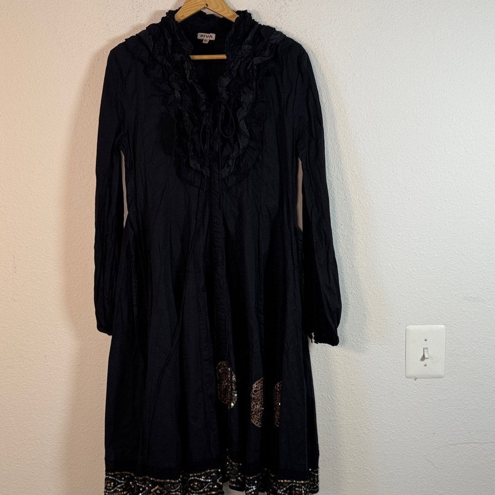 Riva Black Long-Sleeve Cotton Silk Dress with Ruffle size Large NWOT - Picture 2 of 11